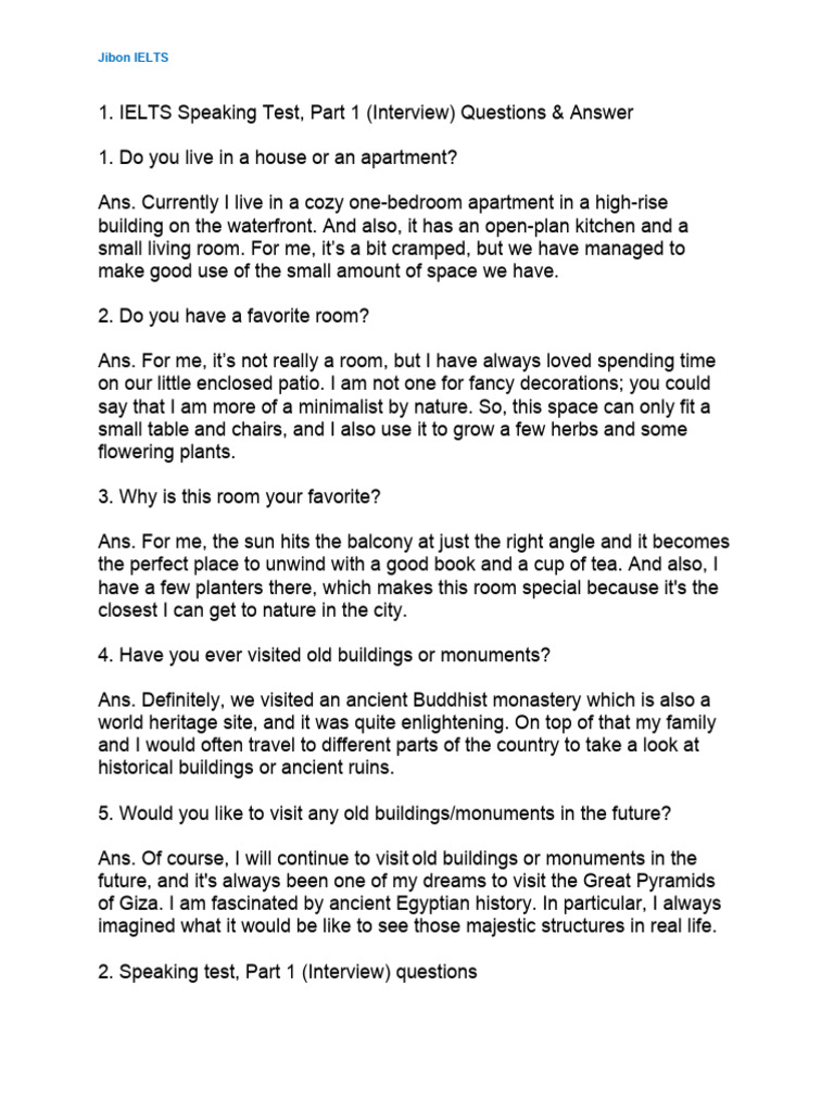 IELTS Speaking Part 1 - Questions With Answers Band Score 8+ | PDF ...