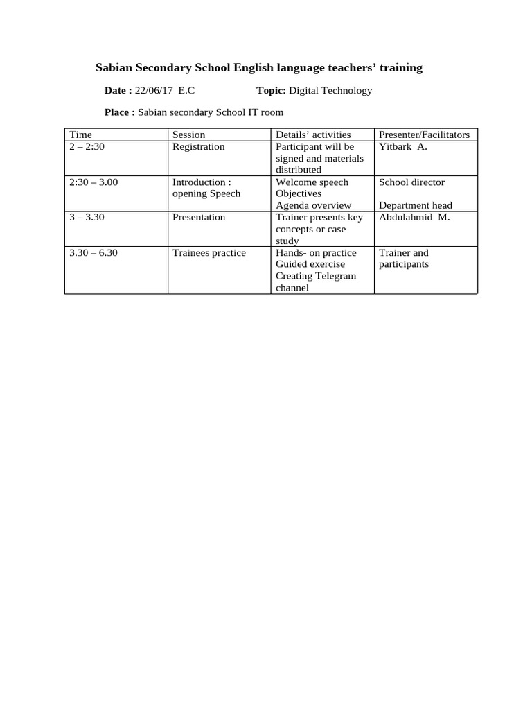Sabian Secondary School English Language Teachers' Training: Date ...