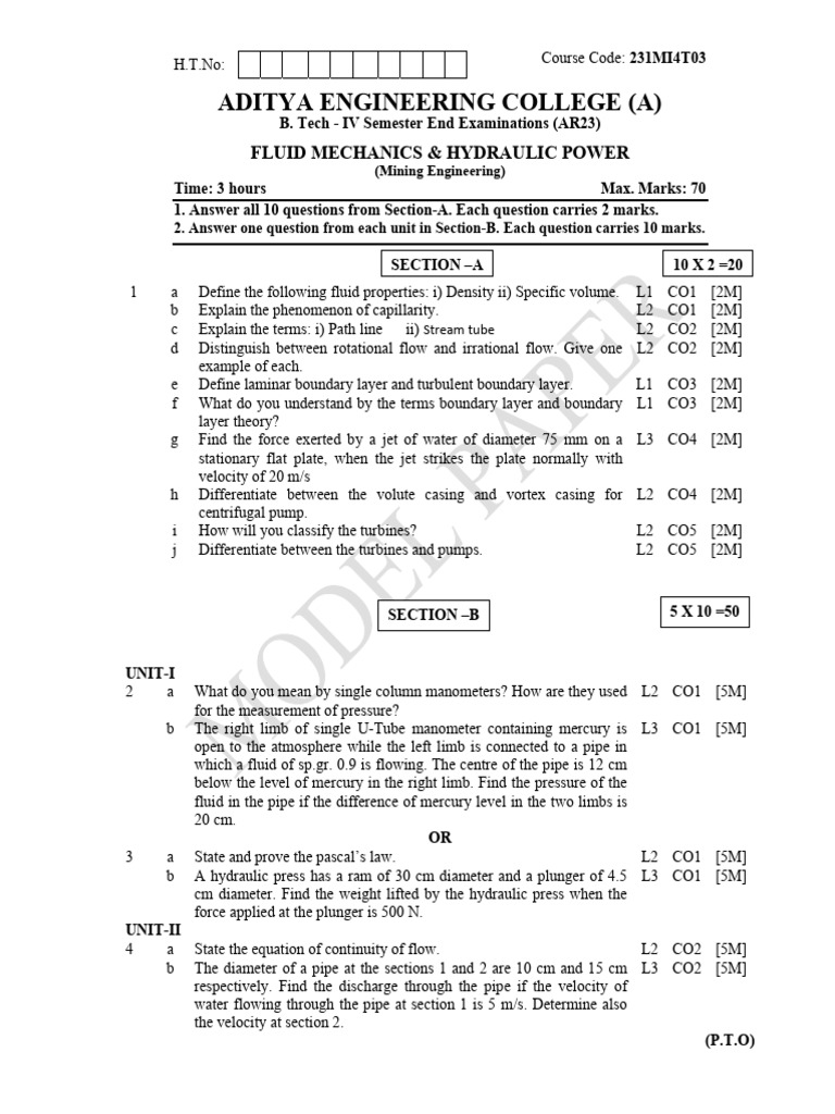Fluid Mechanics Exam Paper - B. Tech IV Sem | PDF | Boundary Layer ...