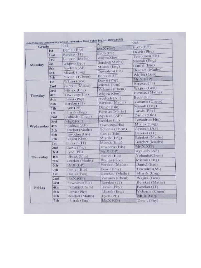 9c2 Timetable | PDF