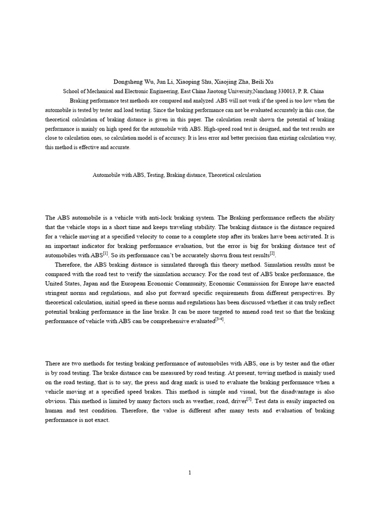 Braking Distance Analysis for ABS Vehicles | PDF | Anti Lock Braking ...