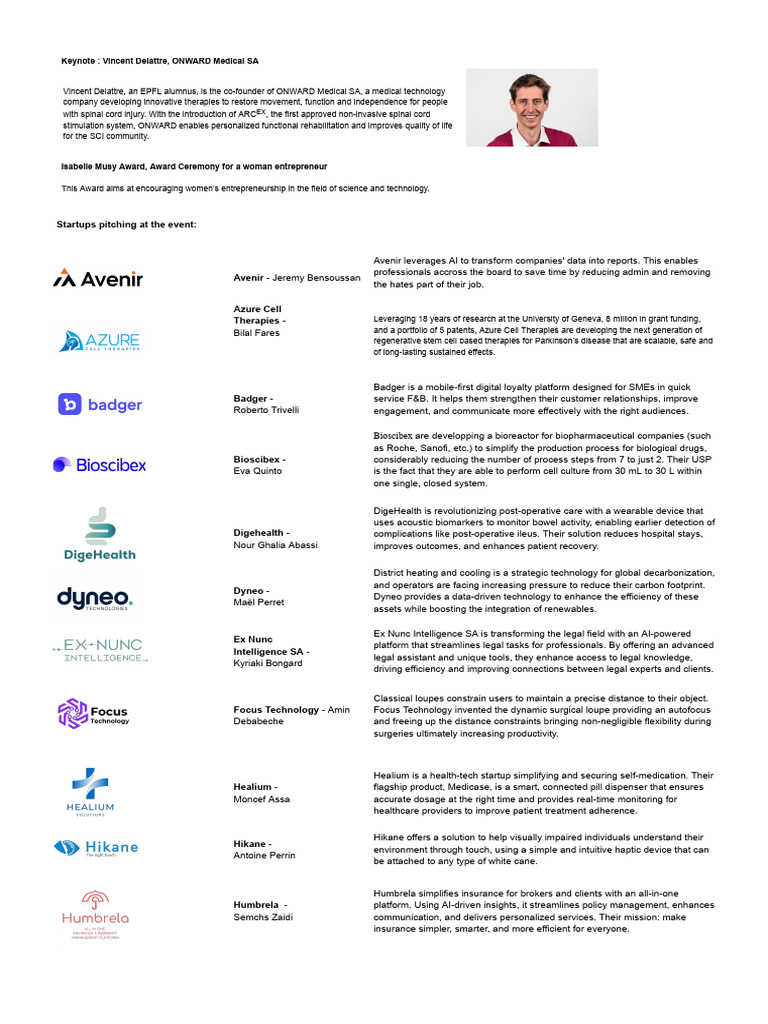 EPFL Alumni at Startup Champions 2025 | PDF | Stroke | Biopharmaceutical
