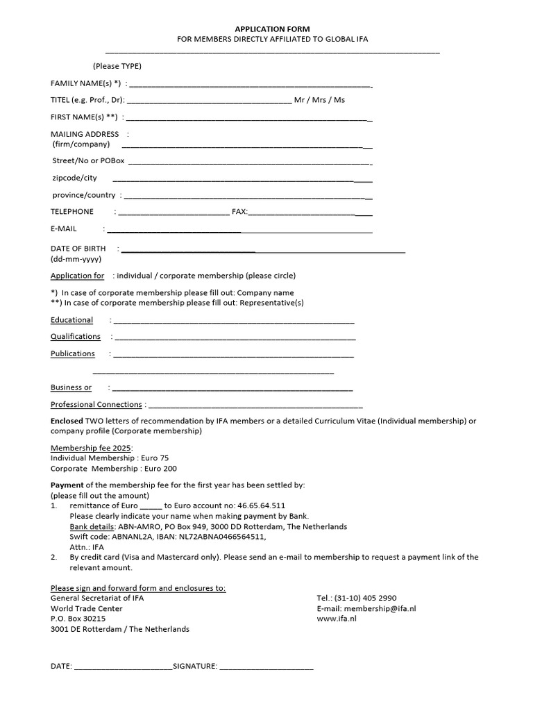Application Form Direct Membership Ifa 2025 Pdf Payments