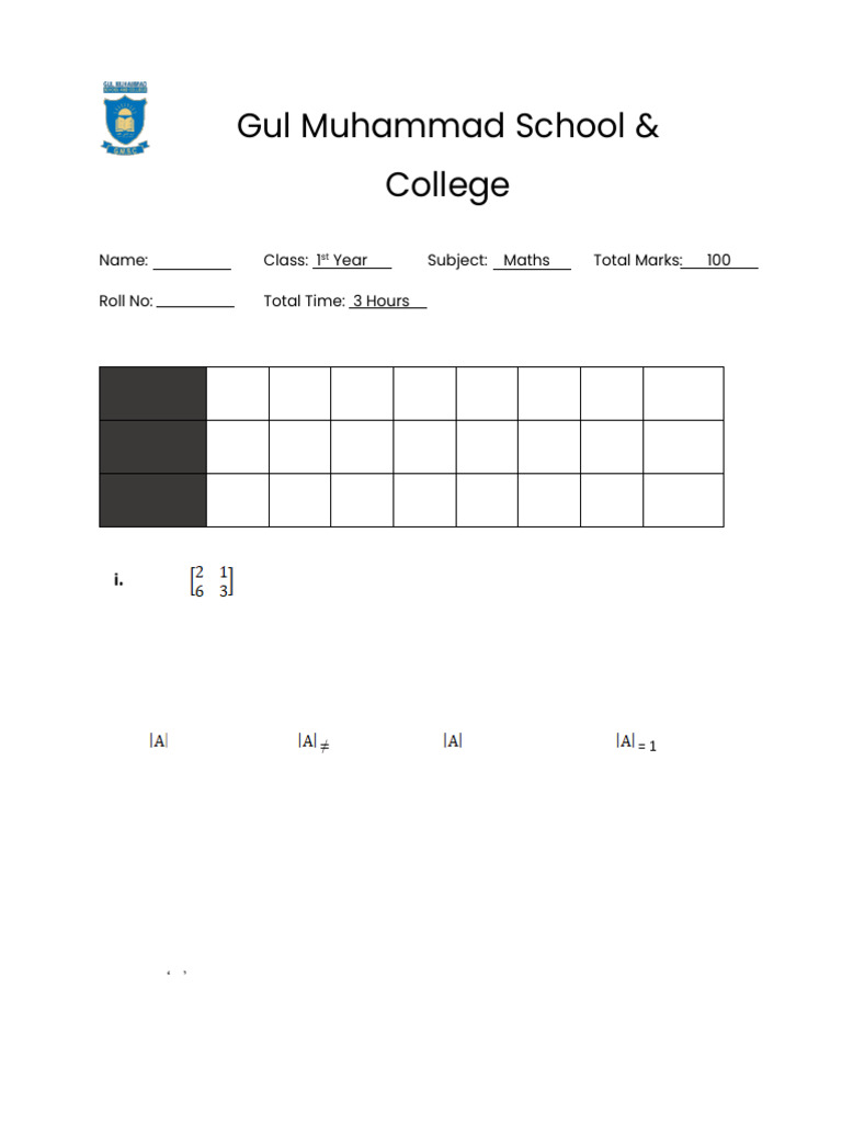 1st Year Maths Exam Paper | PDF | Matrix (Mathematics) | Algebra