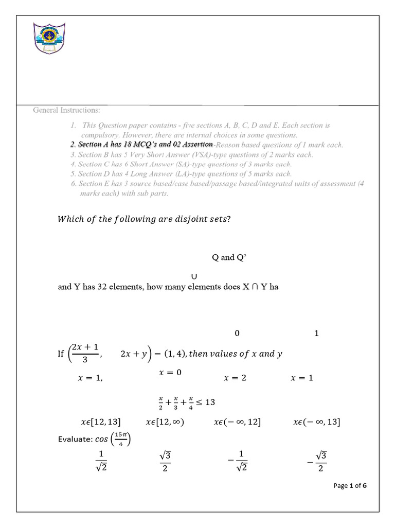 Class 11 - WS - MATH - REVISION - 2024-25 | PDF | Mathematics ...