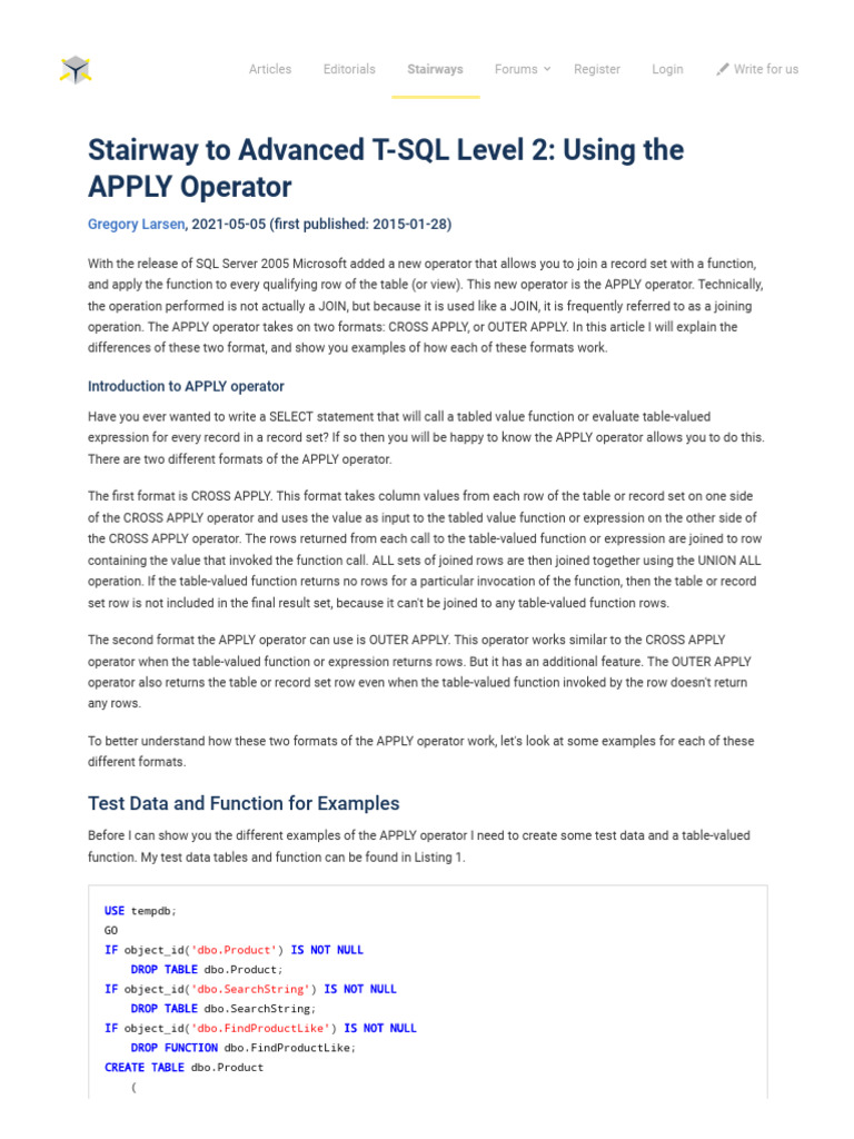 Stairway To Advanced T-SQL Level 2 - Using The APPLY Operator ...
