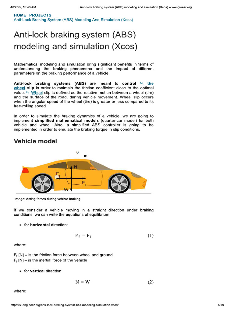 Anti-Lock Braking System (ABS) Modeling and Simulation (Xcos) | PDF