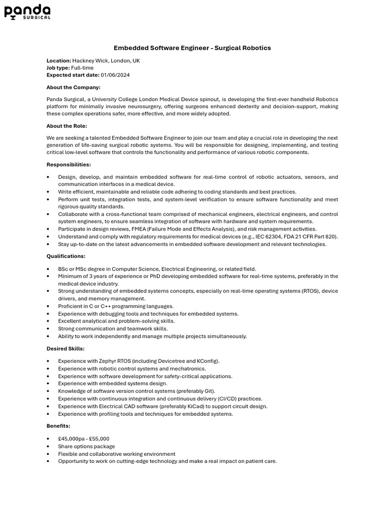 Panda Surgical - Embedded Software Engineer | PDF | Embedded System ...