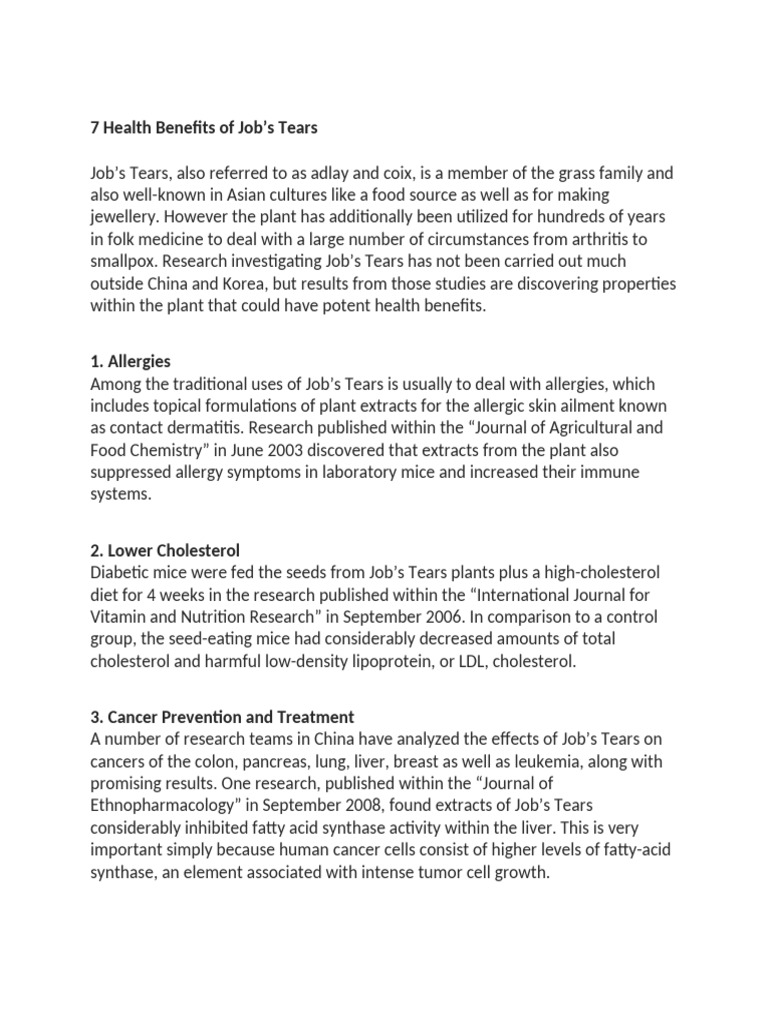 7 Health Benefits of Job's Tears | PDF | Allergy | Cholesterol