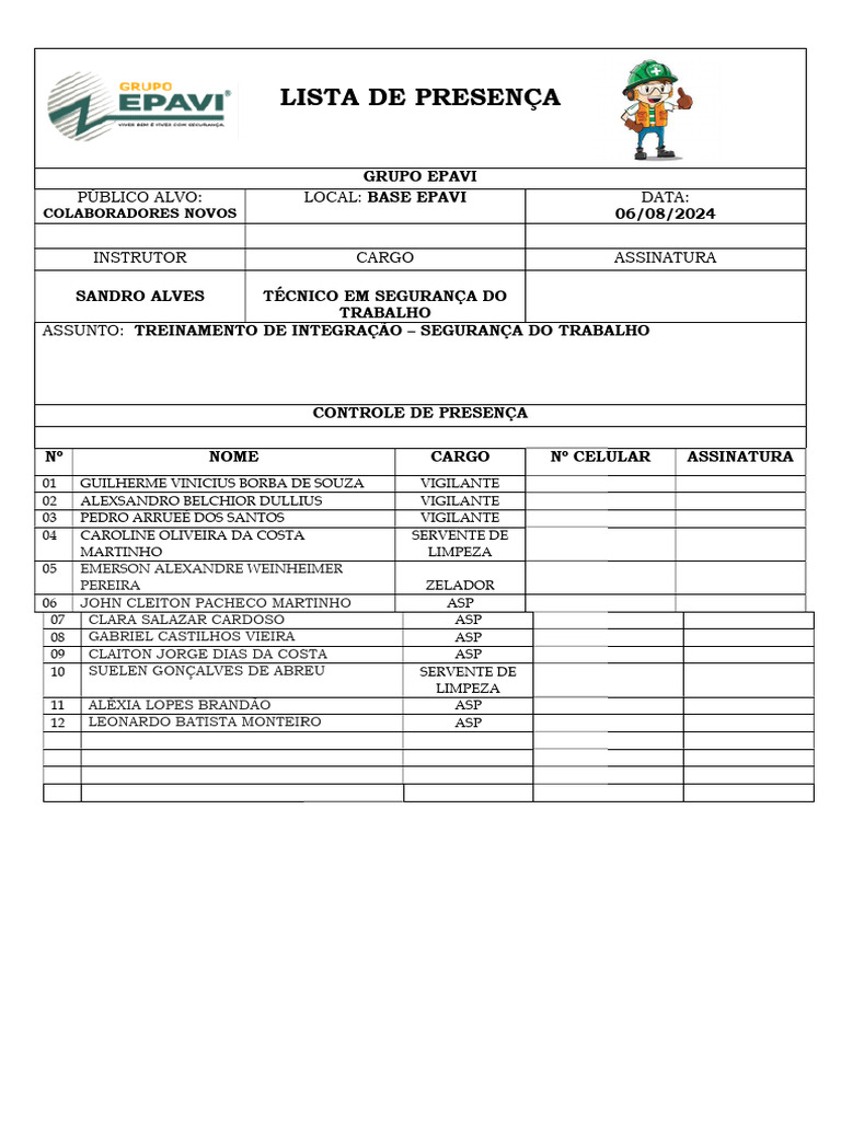 Lista de Presença: Treinamento Segurança | PDF