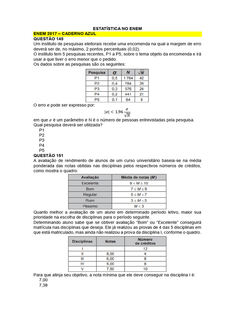 Estatística no ENEM: Questões e Análises | PDF | Estatísticas ...