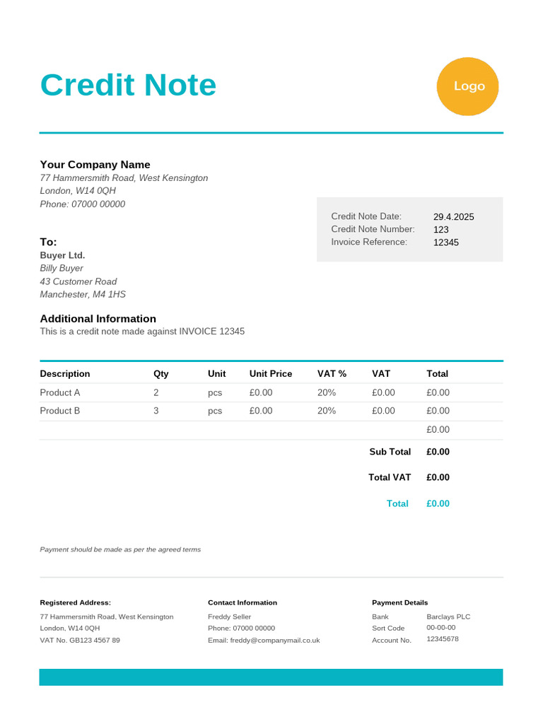 Credit Note Template UK | PDF