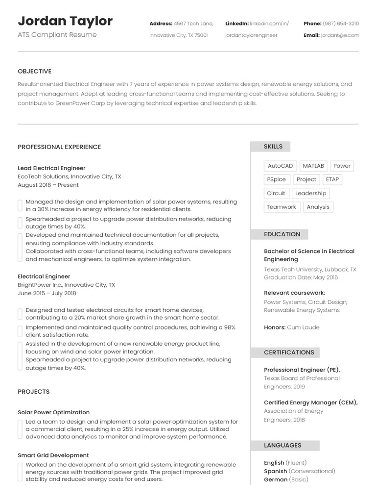 ATS Resume for Electrical Engineer | PDF | Smart Grid | Electrical ...