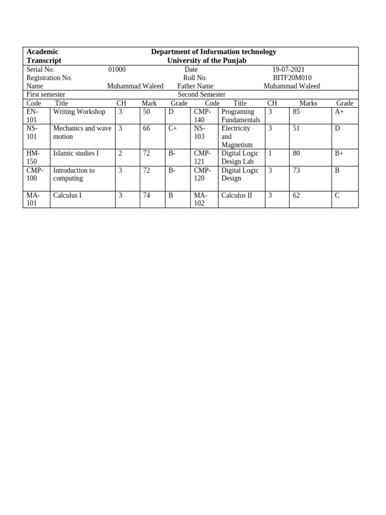 University of Punjab Transcript Summary | PDF