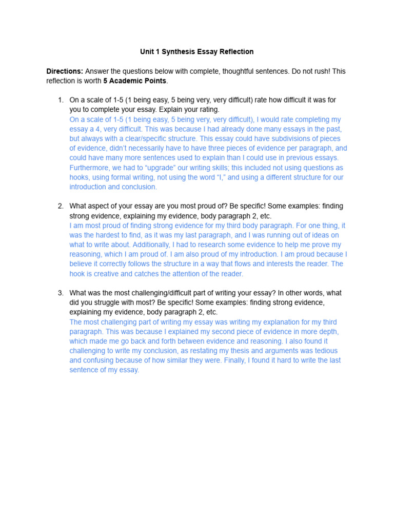 Synthesis Essay Reflection Insights | PDF | Essays | Evidence