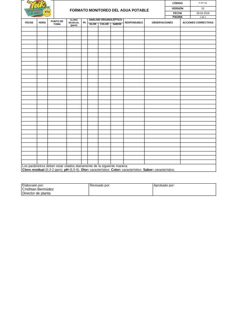F Py 01 Formato Control Agua Potable Pdf 