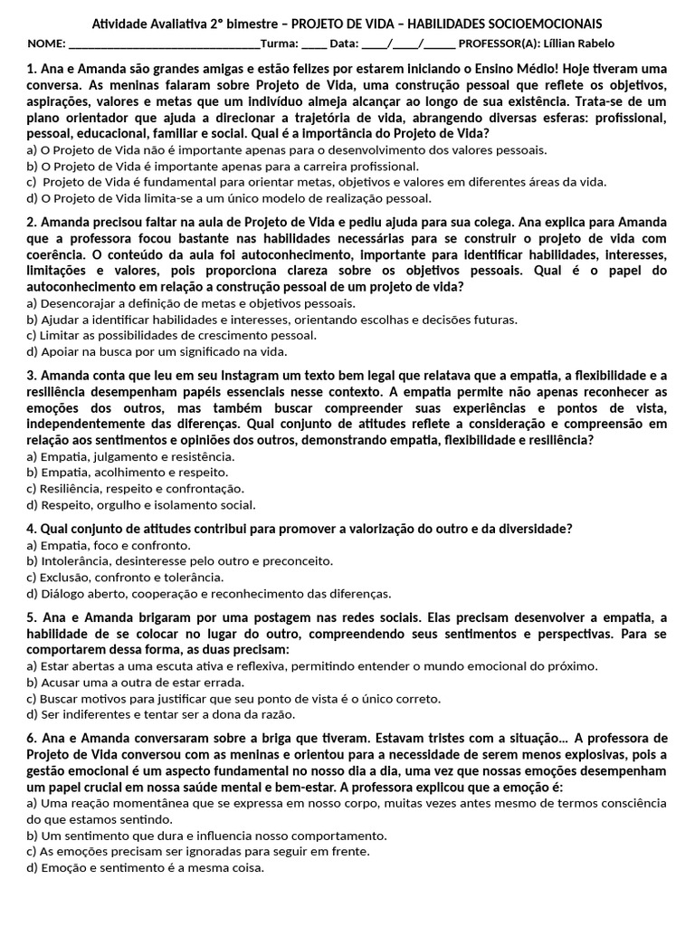 Avaliação do Projeto de Vida e Empatia | PDF | Emoções | Empatia