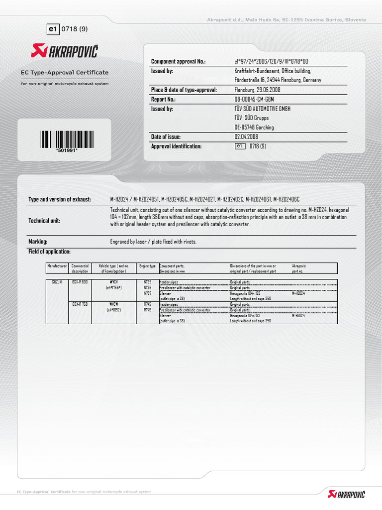 Akrapovic Exhaust Homologation Certificate | PDF