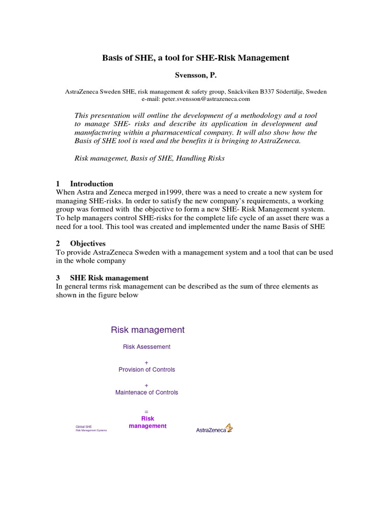 Basis of SHE: Managing SHE Risks | PDF | Astra Zeneca | Risk