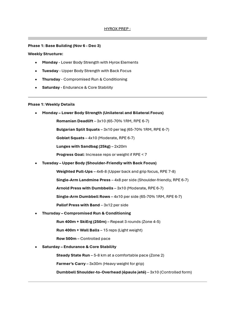 HYROX Training Plan Overview | PDF | Physical Exercise | Management Of ...