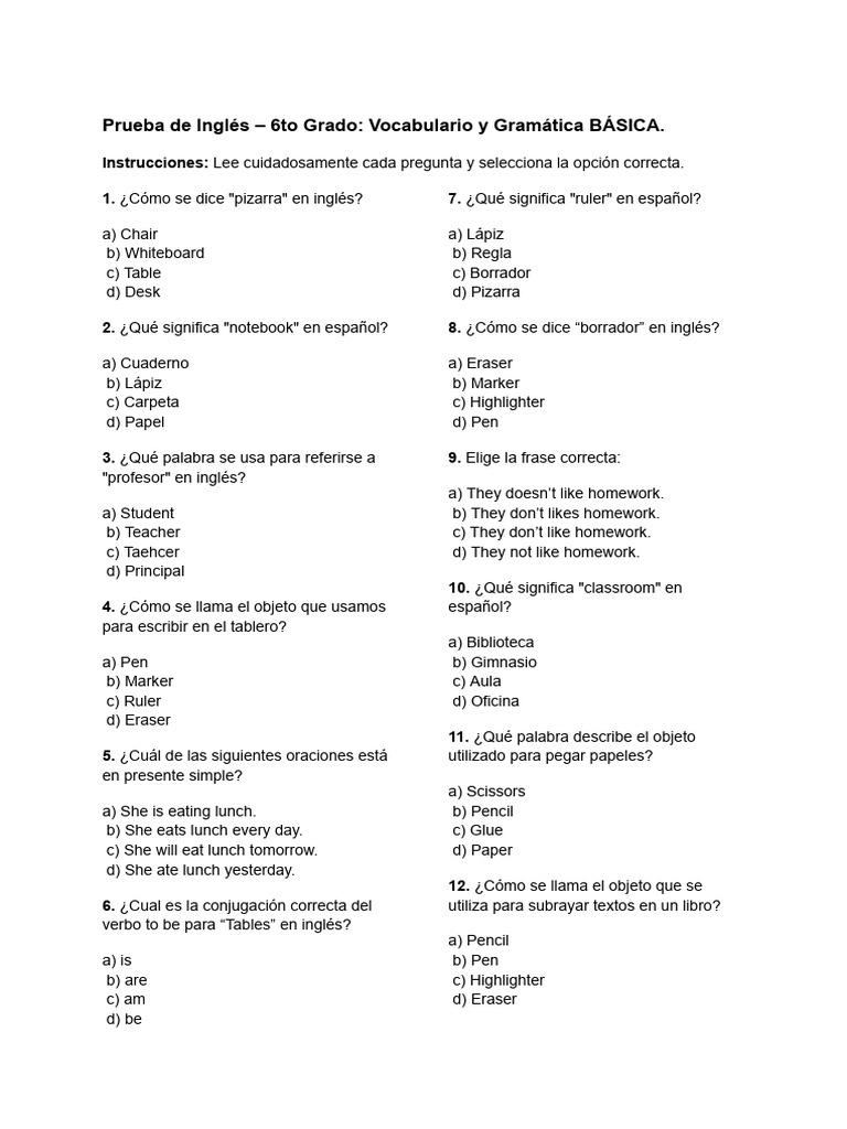 Vocabulario Básico de Inglés 6to Grado | PDF | Lingüística