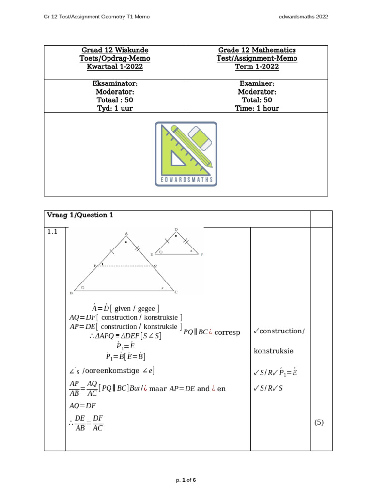 Grade 12 Geometry Test Memo T1 | PDF | Mathematics