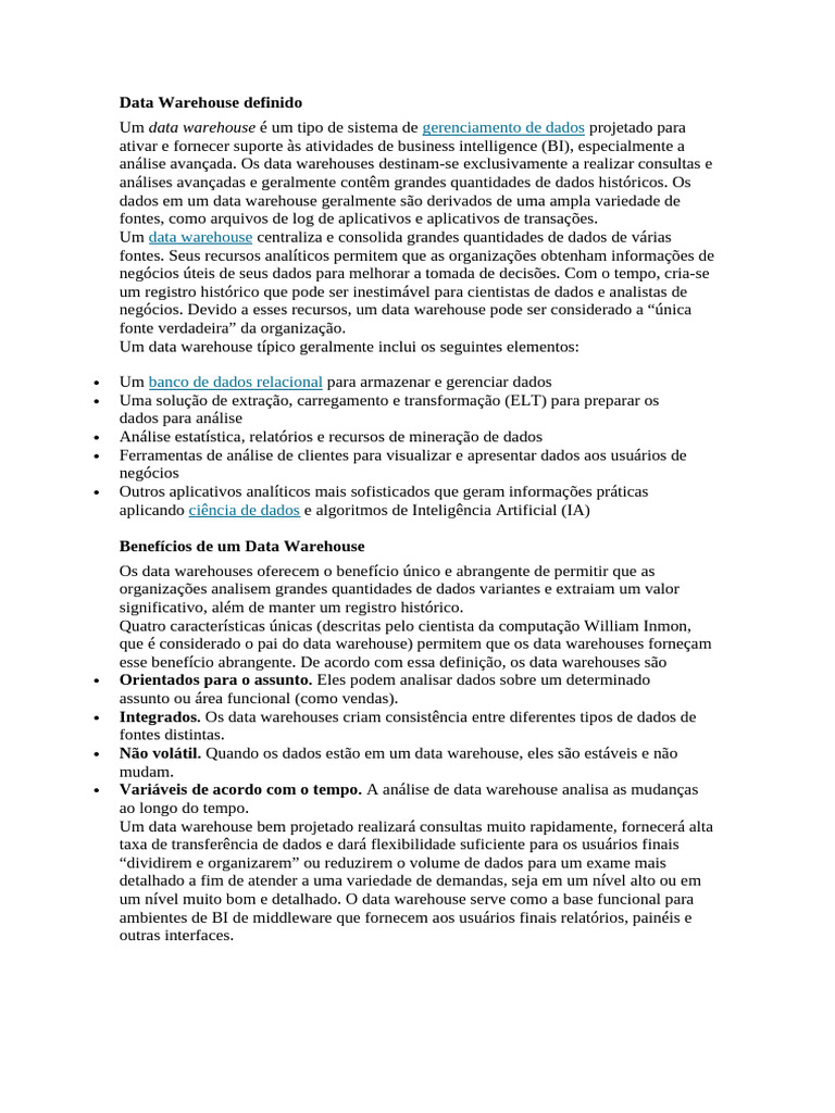 Definição de Data Warehouse em Nuvem | PDF | Armazém de dados ...
