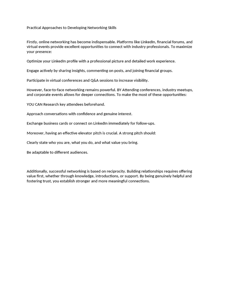 Practical Approaches To Developing Networking Skills | PDF