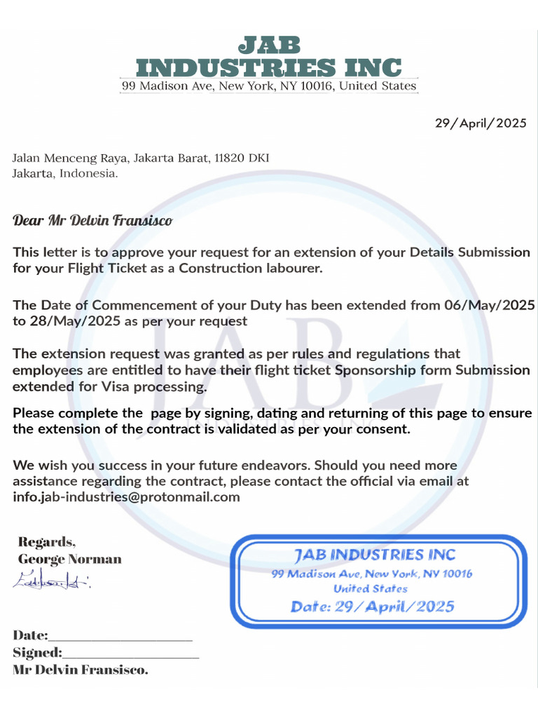 Jab Industries Inc - Extension Letter To MR Delvin Fransisco | PDF