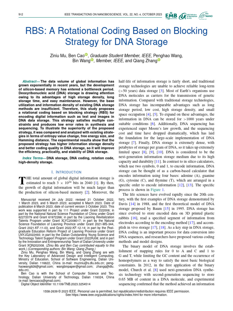 RBS A Rotational Coding Based On Blocking Strategy For DNA Storage ...
