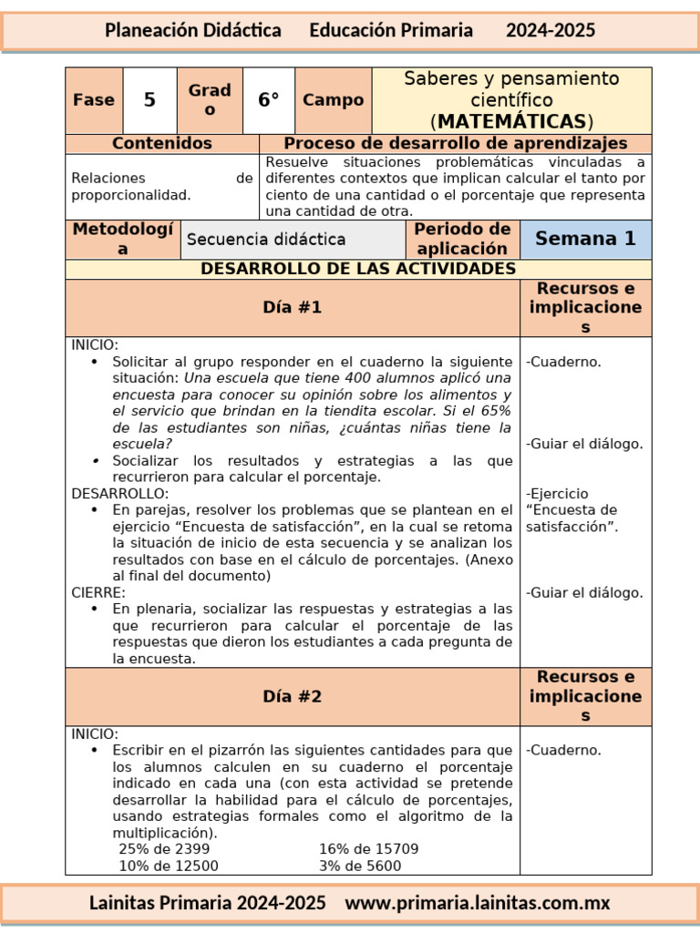 Planeación Didáctica Primer Grado 2024-2025 | PDF | Porcentaje ...