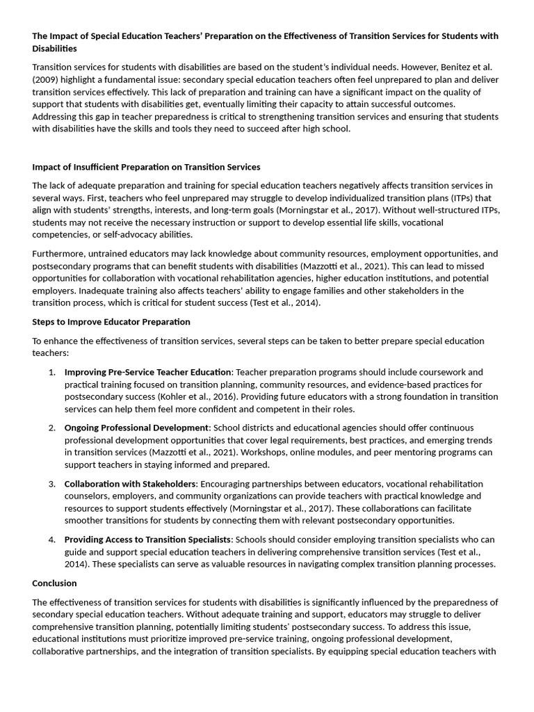 Teacher Prep Impact on Disability Transitions | PDF | Special Education ...