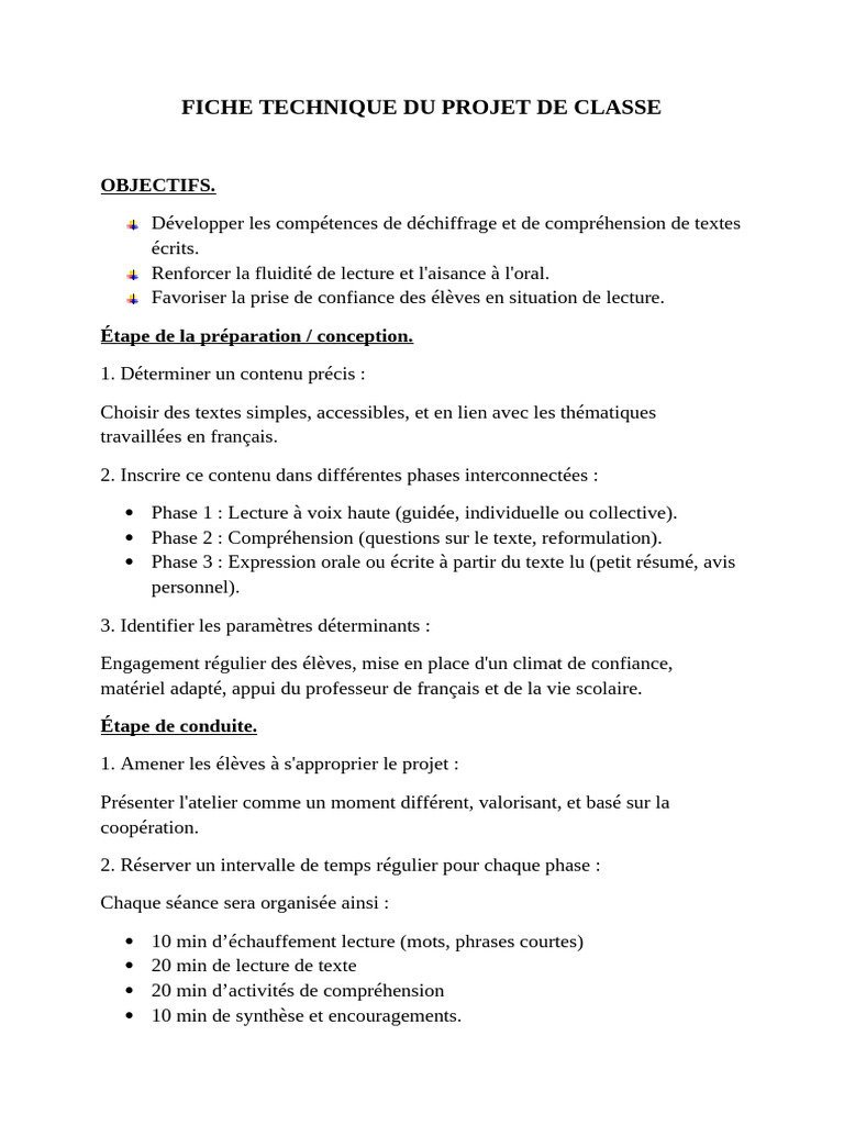 Projet de classe : Améliorer la lecture | PDF