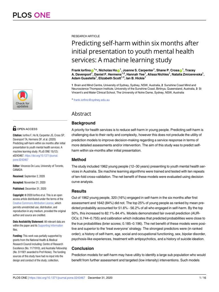 Machine Learning for Youth Self-Harm Prediction | PDF | Receiver ...