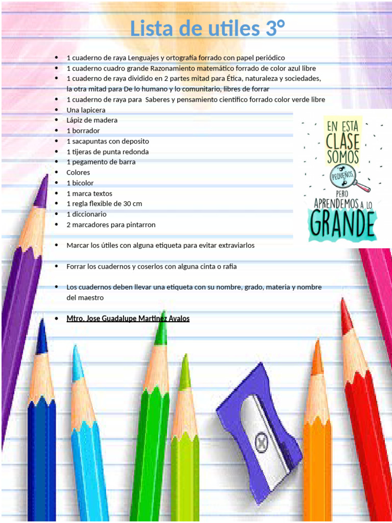 Lista de útiles escolares 3° grado | PDF