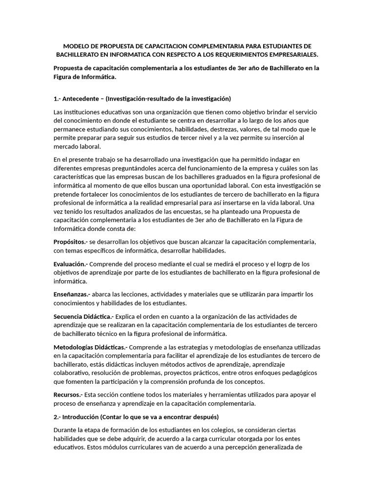 Modelo de Propuesta de Capacitacion Complementaria | PDF | Enseñando ...