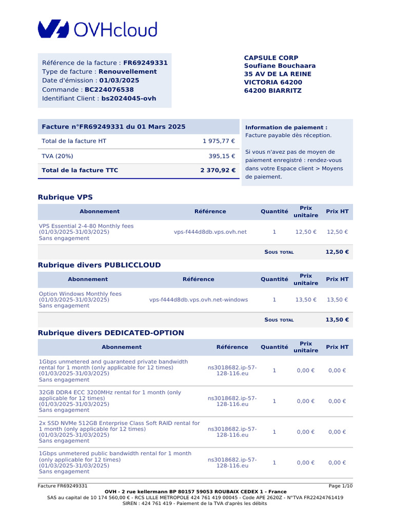 Facture OVH FR69249331 - Mars 2025 | PDF | Taxe sur la valeur ajoutée ...