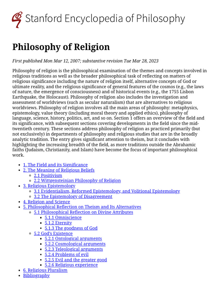 Philosophy of Religion (Stanford Encyclopedia of Philosophy) | PDF ...