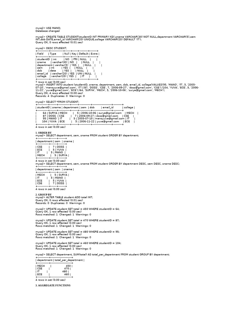MySQL Student Database Operations | PDF | Data Management | Databases