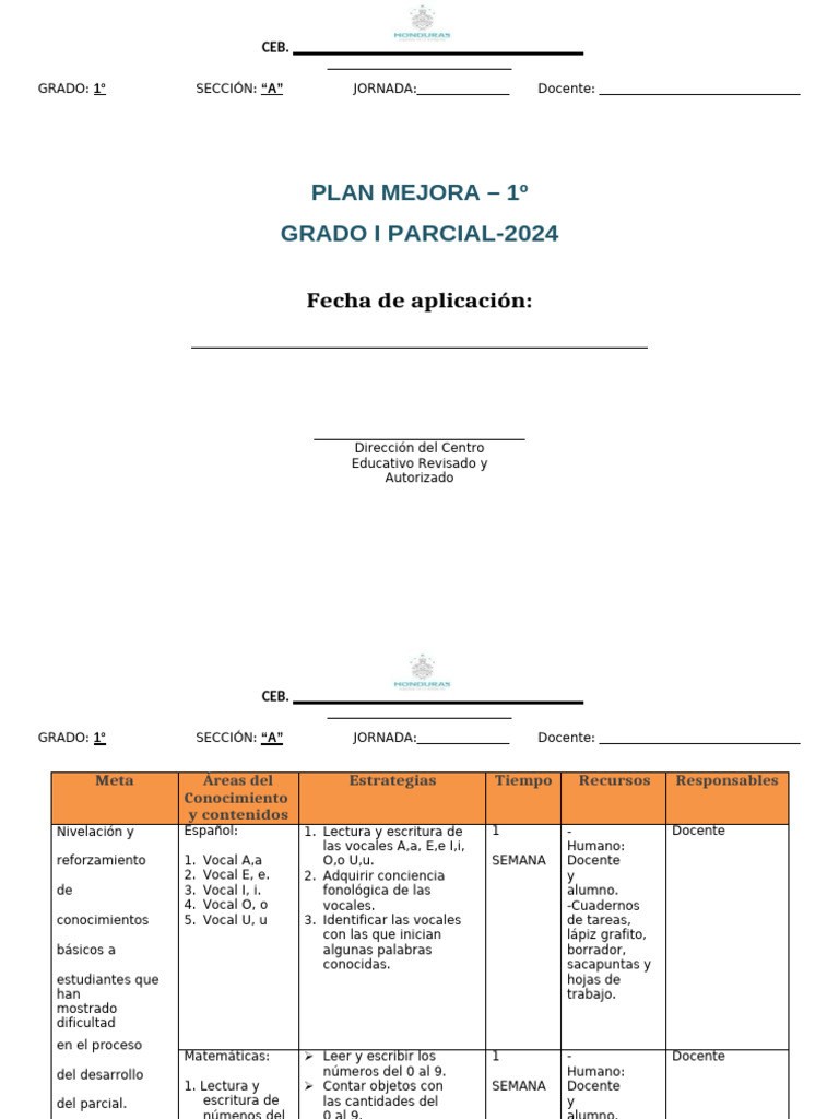 Plan de Mejora 1º Grado Primaria 2024 | PDF | Maestros | Comunicación ...