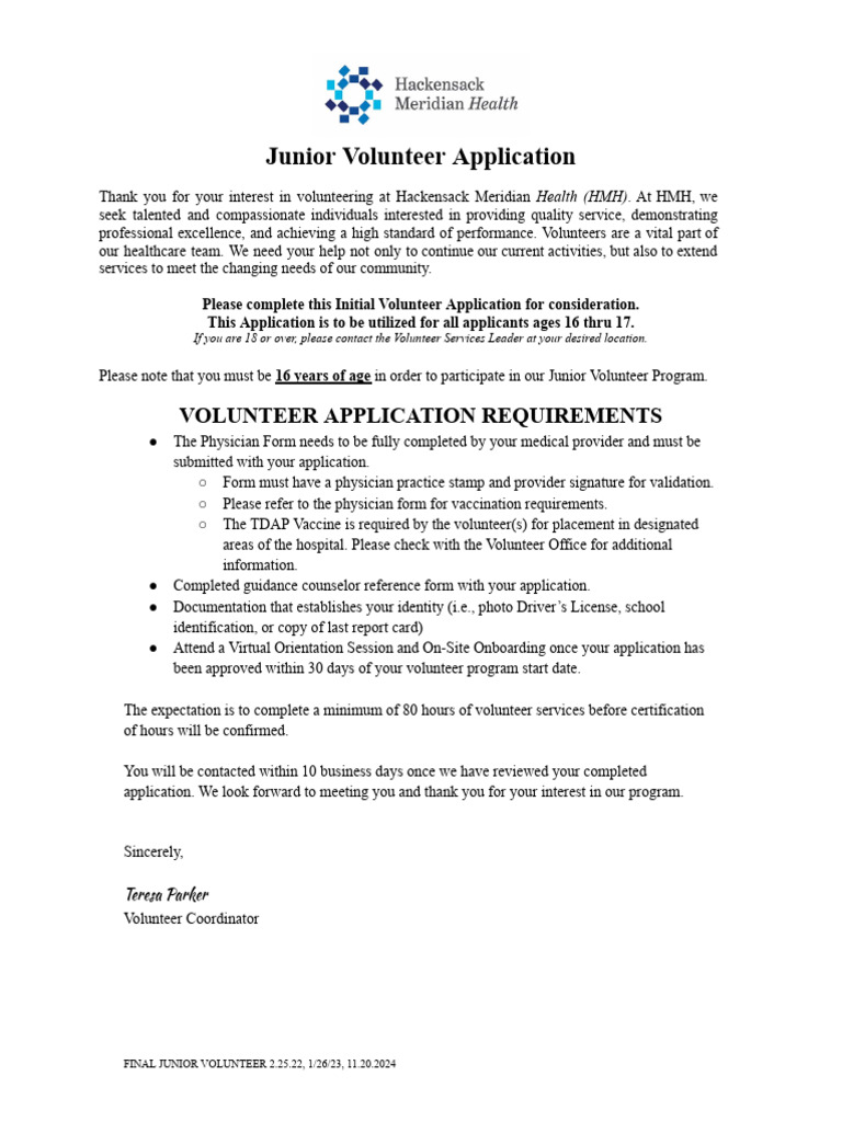 HMH Junior Volunteer Application Form | PDF | Vaccination | Health Care