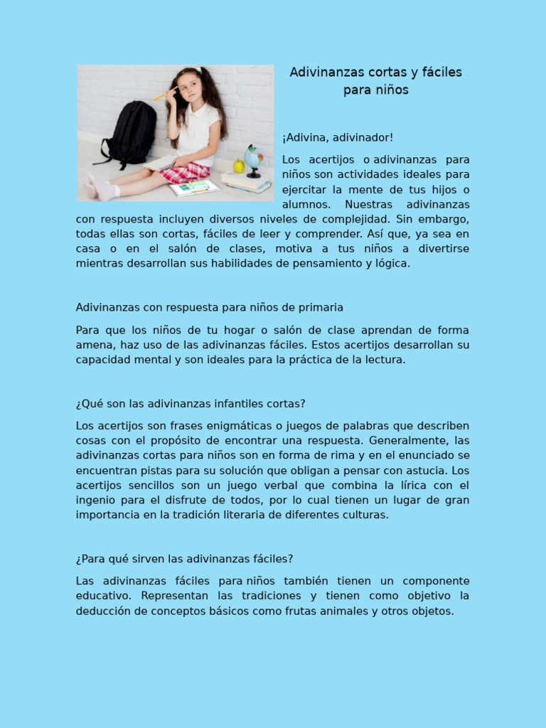 Adivinanzas Cortas y Fáciles para Niños | PDF