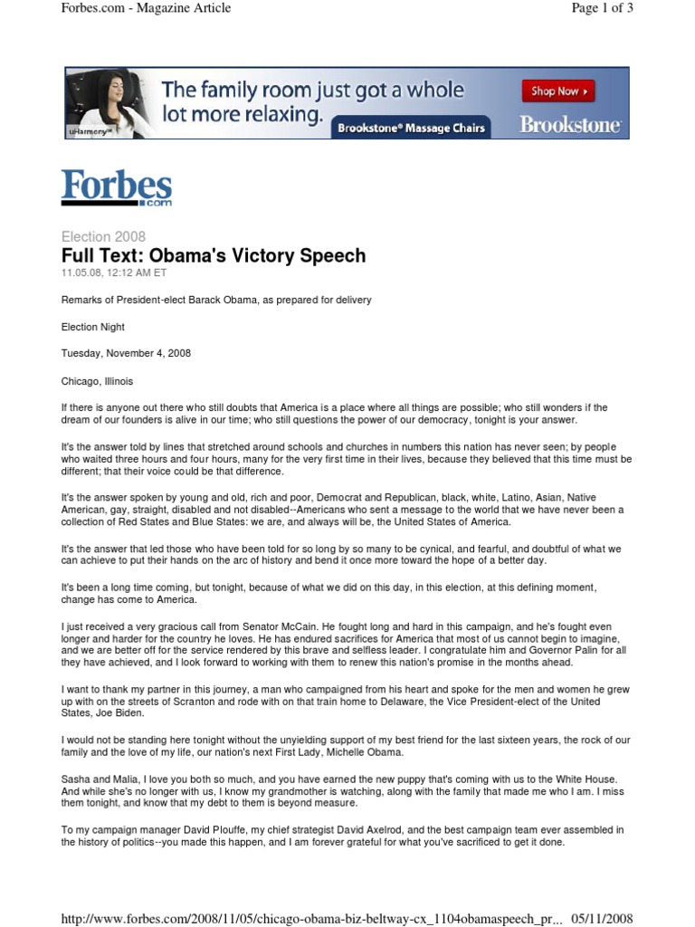 Discurso de Obama Obamas Victory Speech PDF Barack Obama Democratic Party (United States)