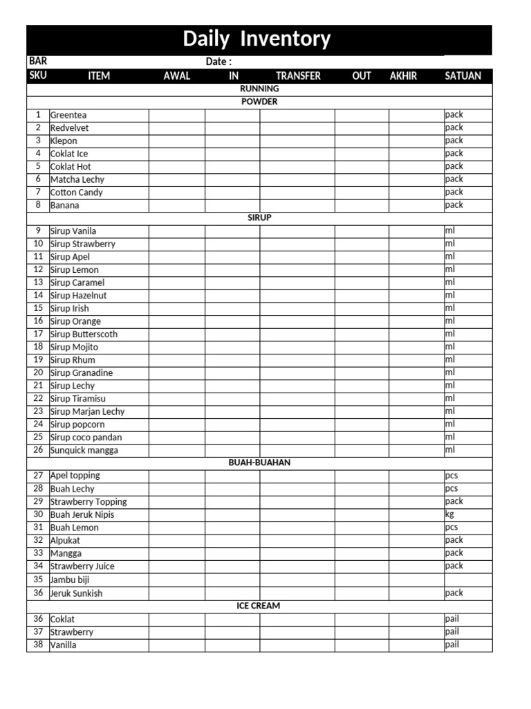 Daily Bar Inventory Sheet | PDF | Drink | Snack Food