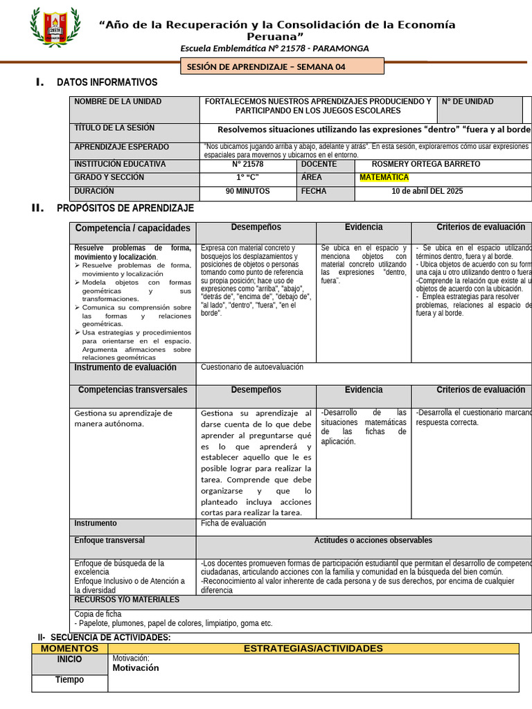 Sesion Matematica 1 C 10 25 | PDF | Evaluación | Aprendizaje