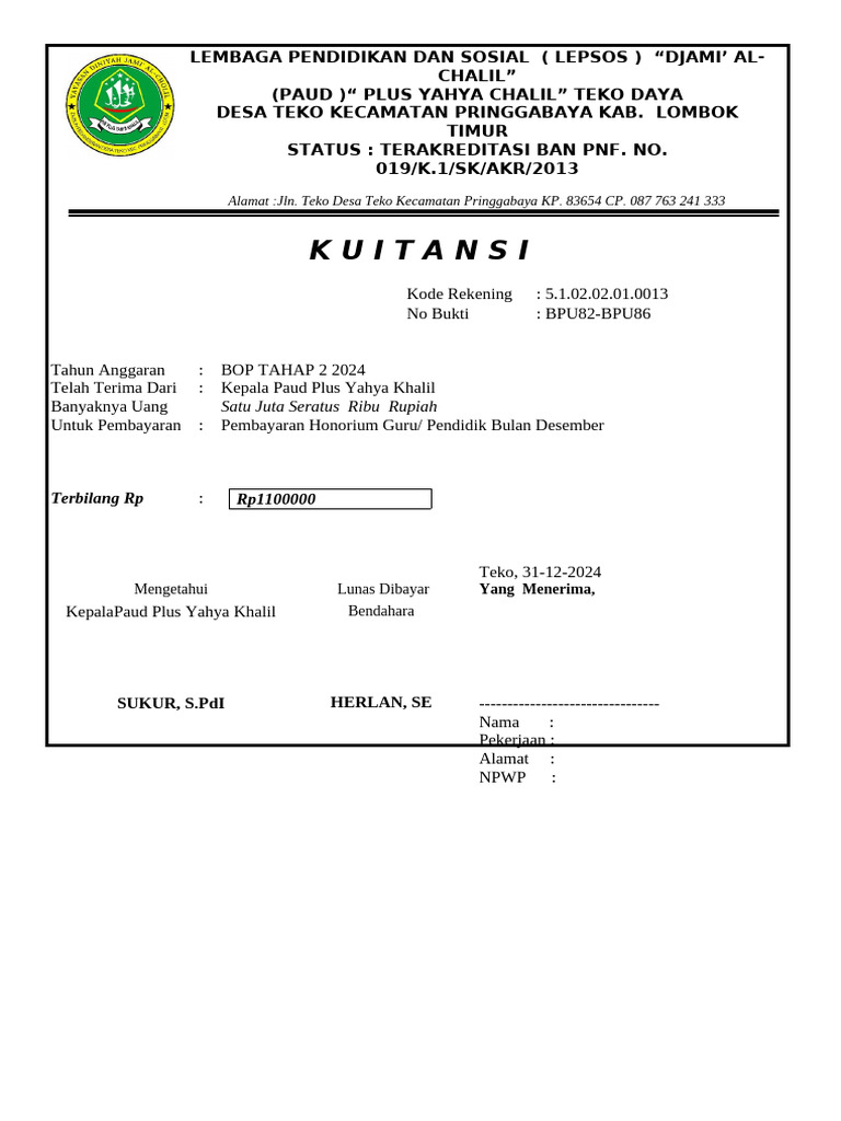 Akreditasi PAUD Plus Yahya Chalil 2024 | PDF