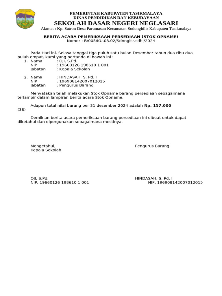 Stok Opname Barang SD Neglasari 2024 | PDF