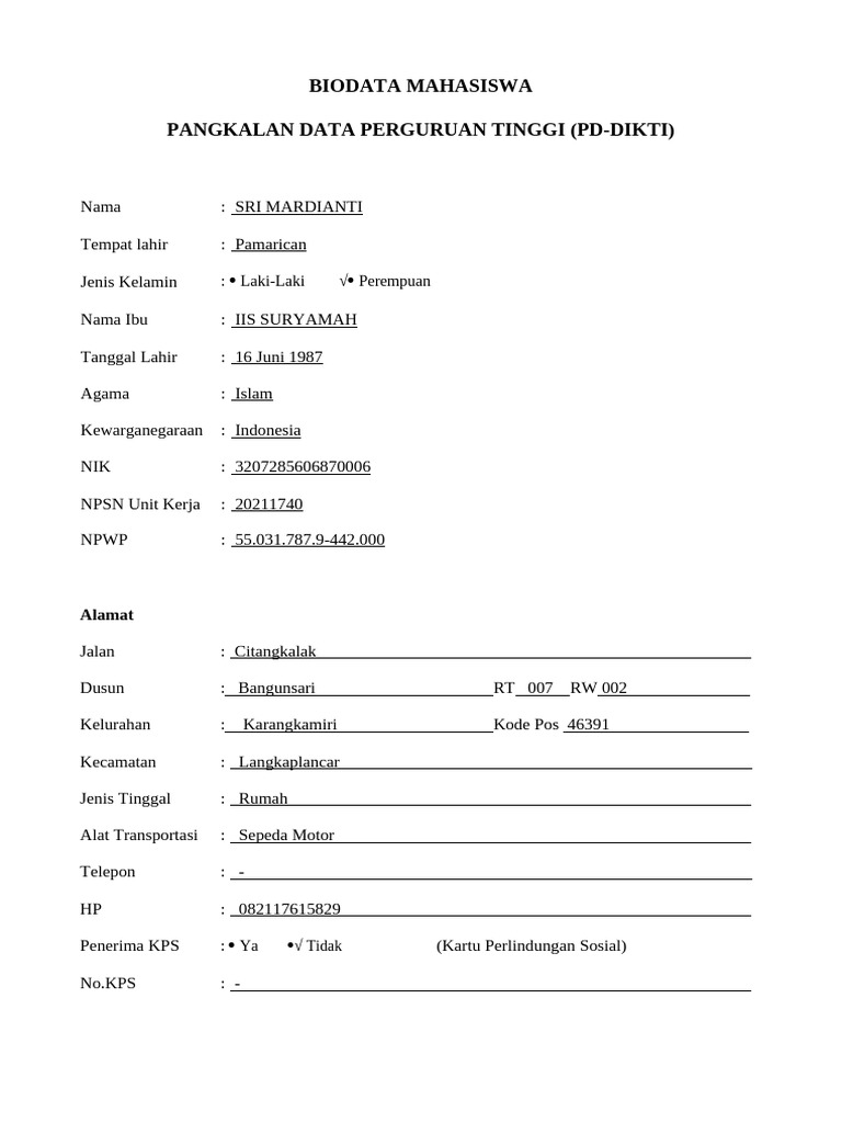 FORM BIODATA (1) | PDF