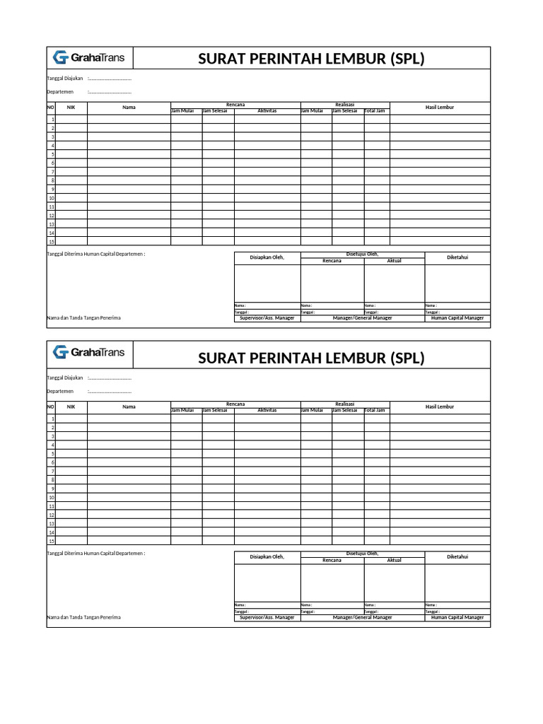 Surat Perintah Lembur (SPL) Format Lengkap | PDF
