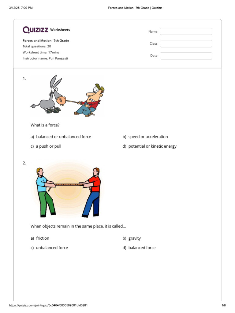7th Grade Forces and Motion Worksheet | PDF | Force | Acceleration